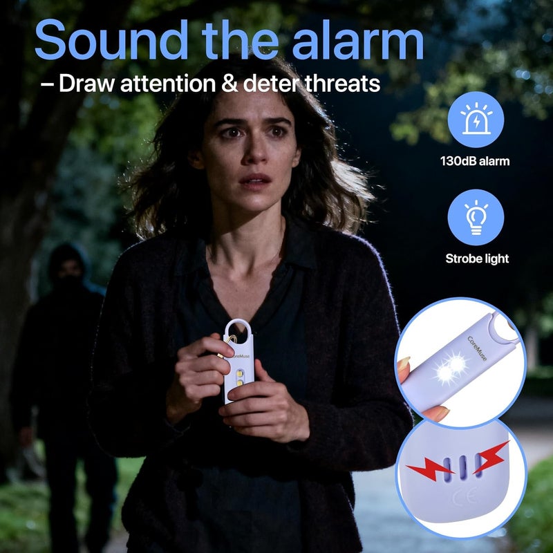 CoreMuse Personal Safety Alarm for Women – Panic Button 130dB Siren with Dual LED Strobe Flashlight, Rechargeable Self Defense Keychain for Night Walking, Campus, Travel Gifts for Women (Violet) - Image 3